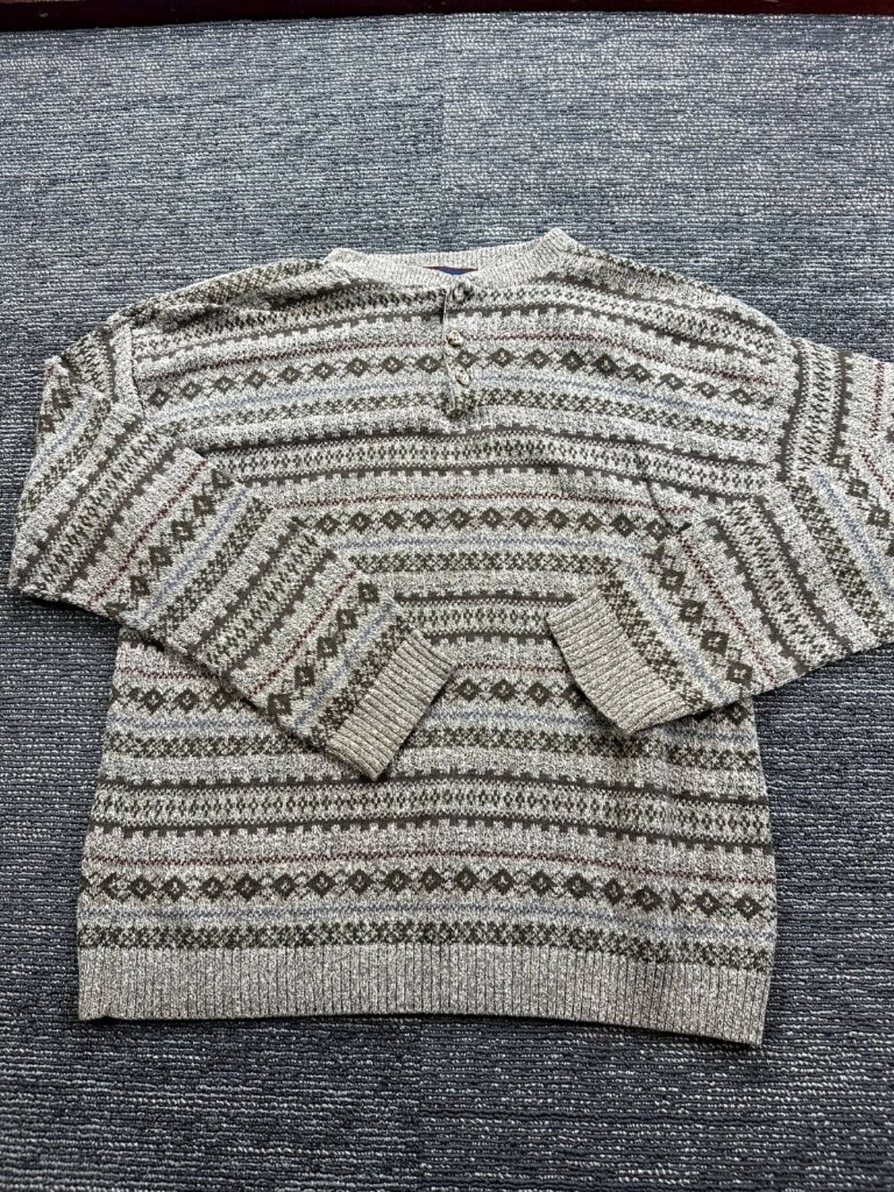 Liberty Mens Vintage Fair Isle Knit Pullover Sweater Gray Henley Neck